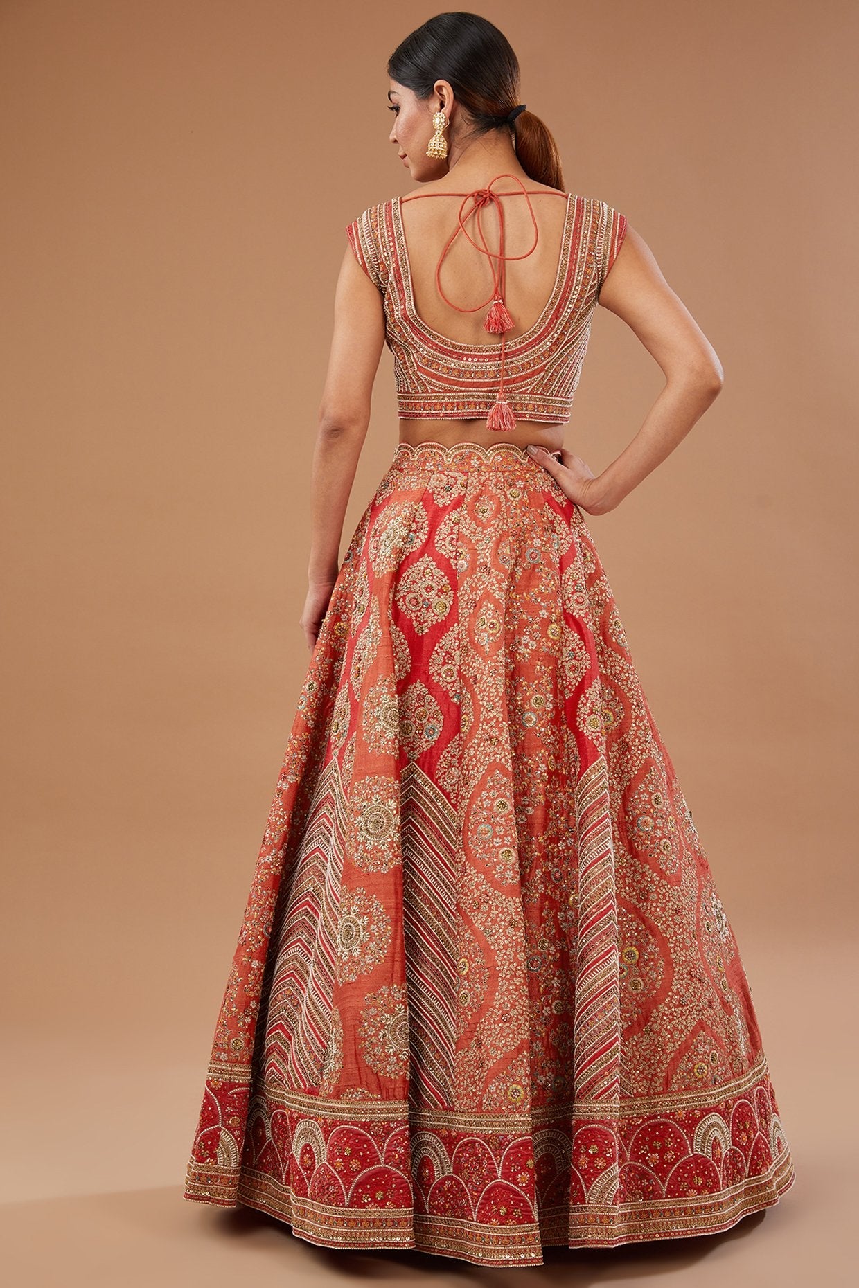 Red Dupion Dori & Aari Embroidered Lehenga Set
