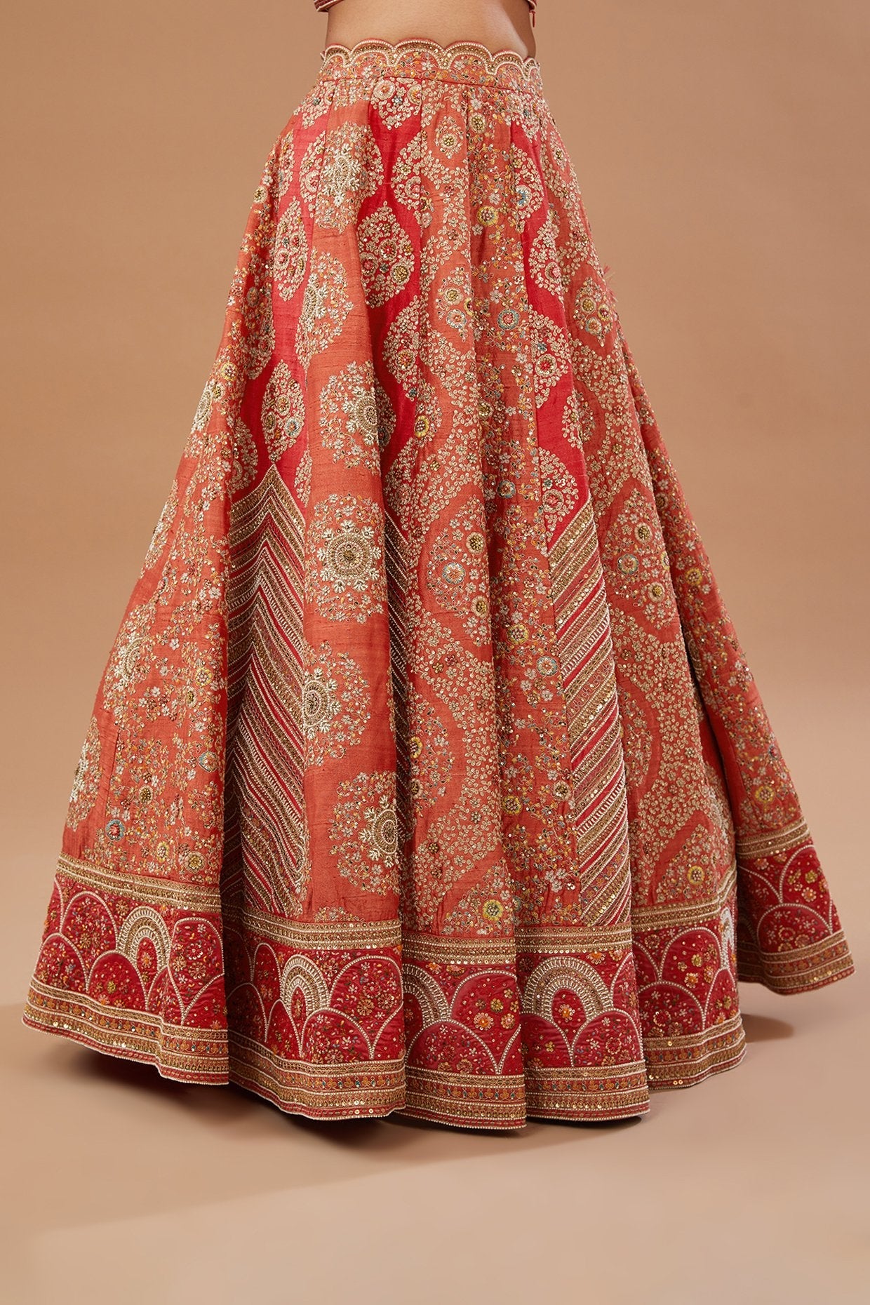Red Dupion Dori & Aari Embroidered Lehenga Set