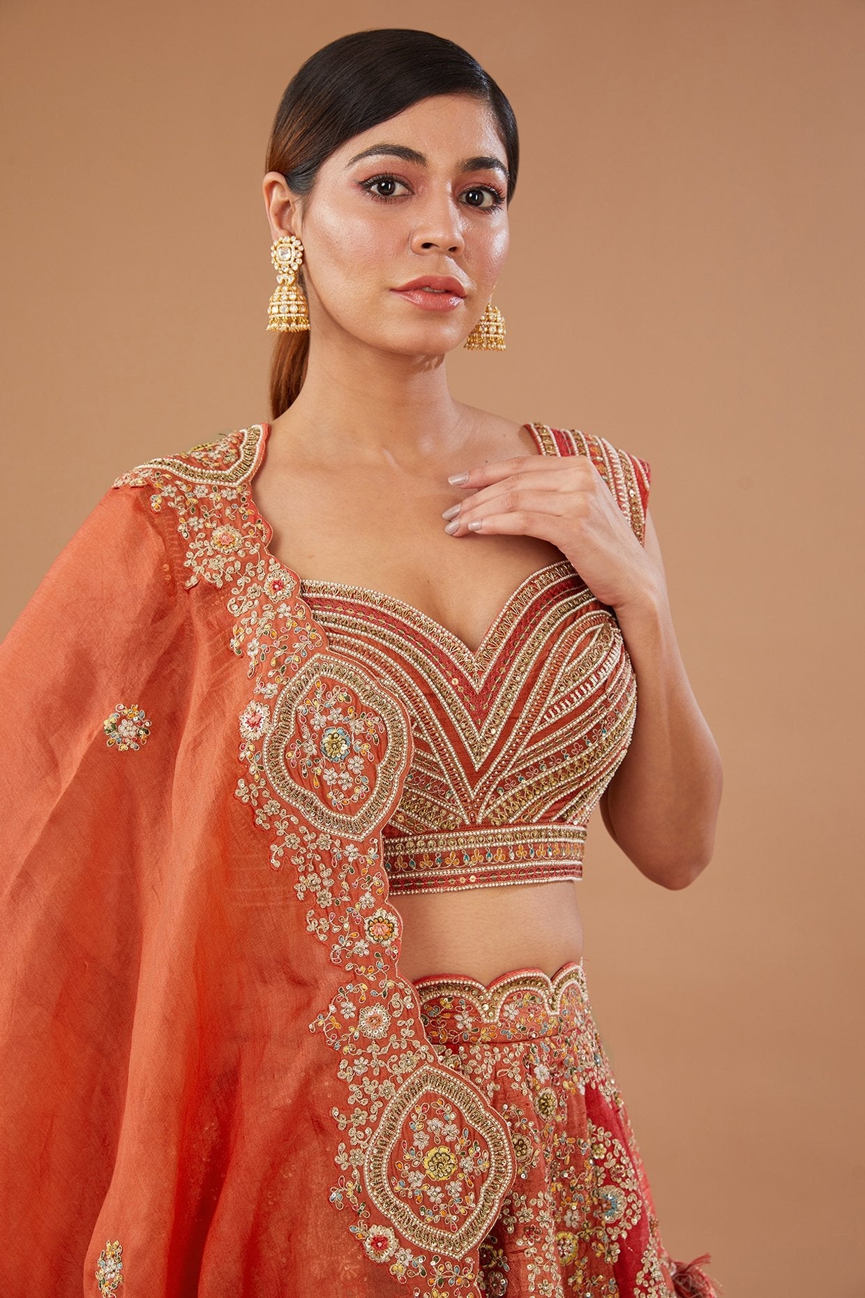 Red Dupion Dori & Aari Embroidered Lehenga Set