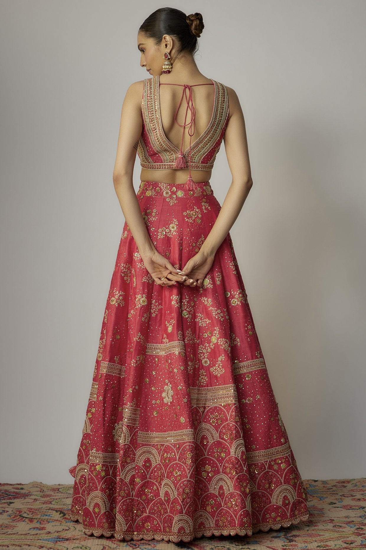 Red Dupion Dori & Aari Embroidered Lehenga Set