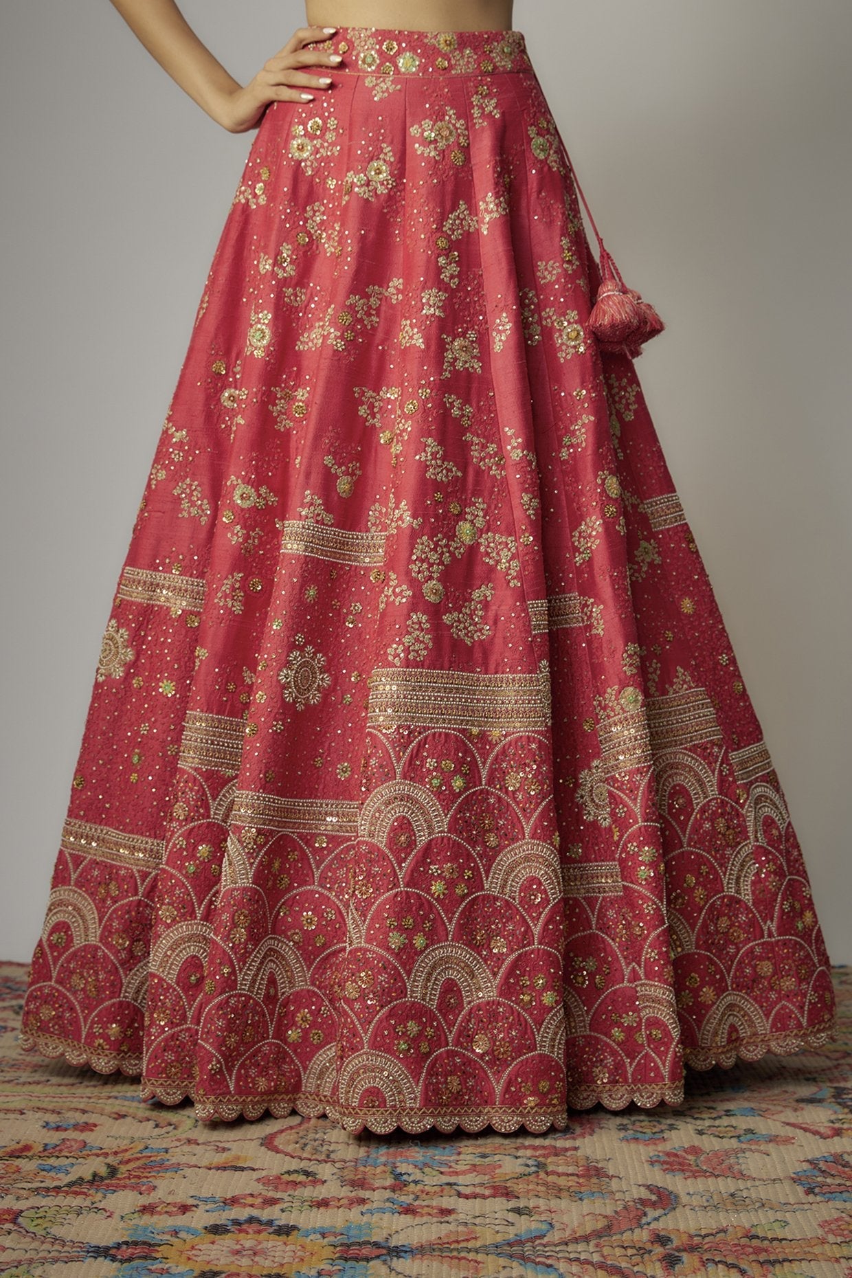 Red Dupion Dori & Aari Embroidered Lehenga Set