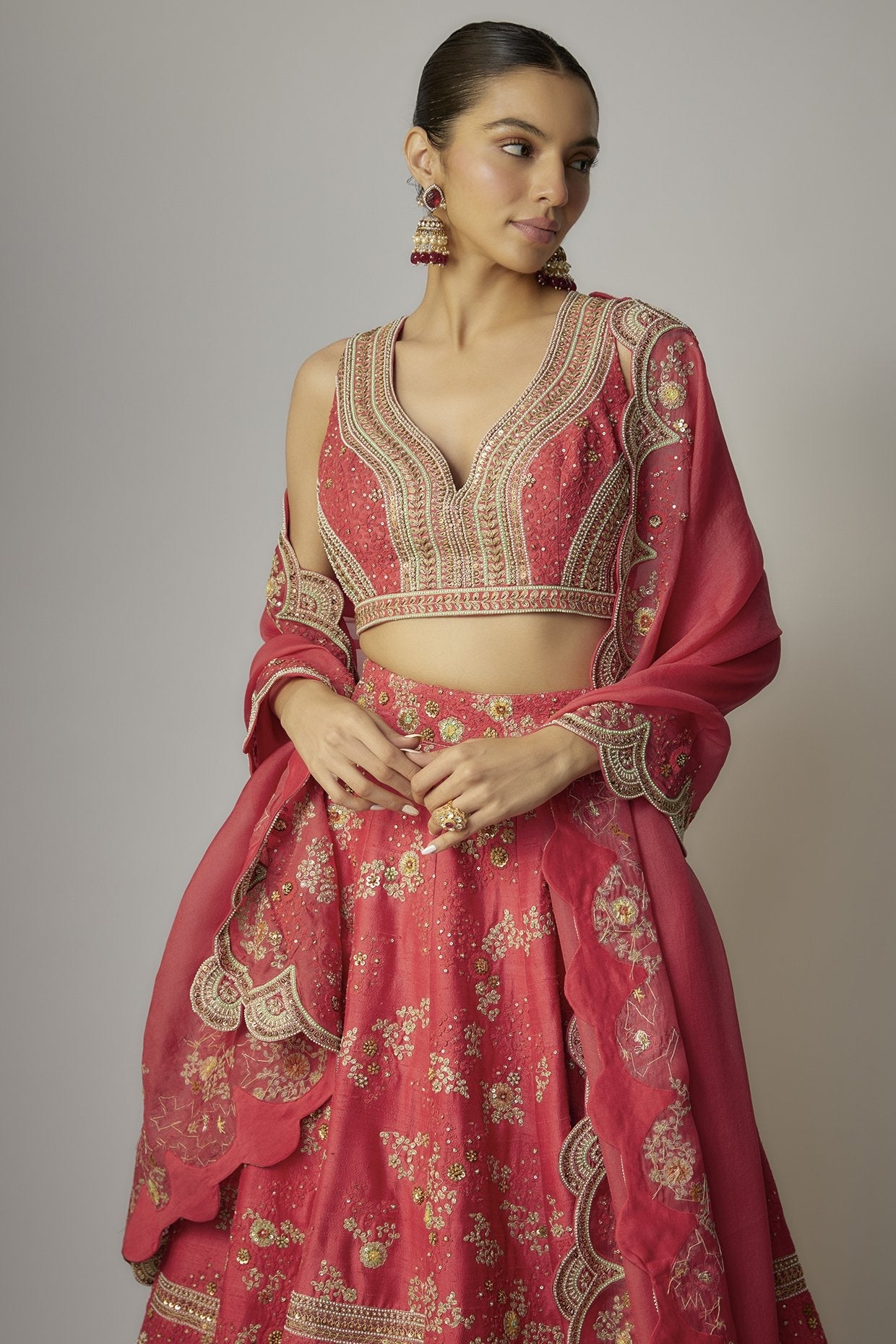 Red Dupion Dori & Aari Embroidered Lehenga Set