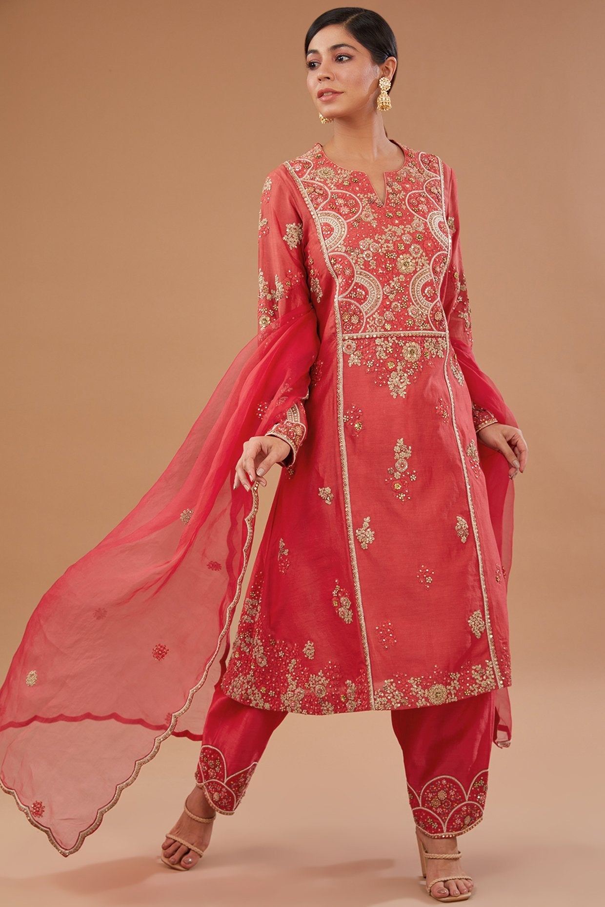 Red Chanderi Dori Embroidered Kurta Set