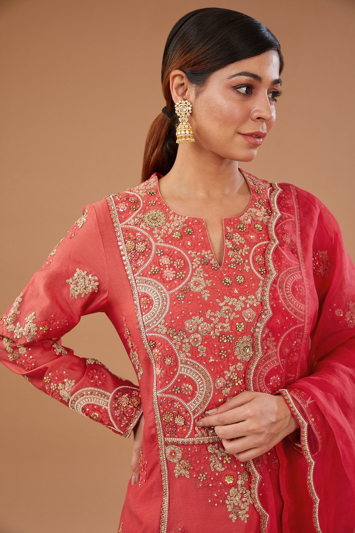 Red Chanderi Dori Embroidered Kurta Set