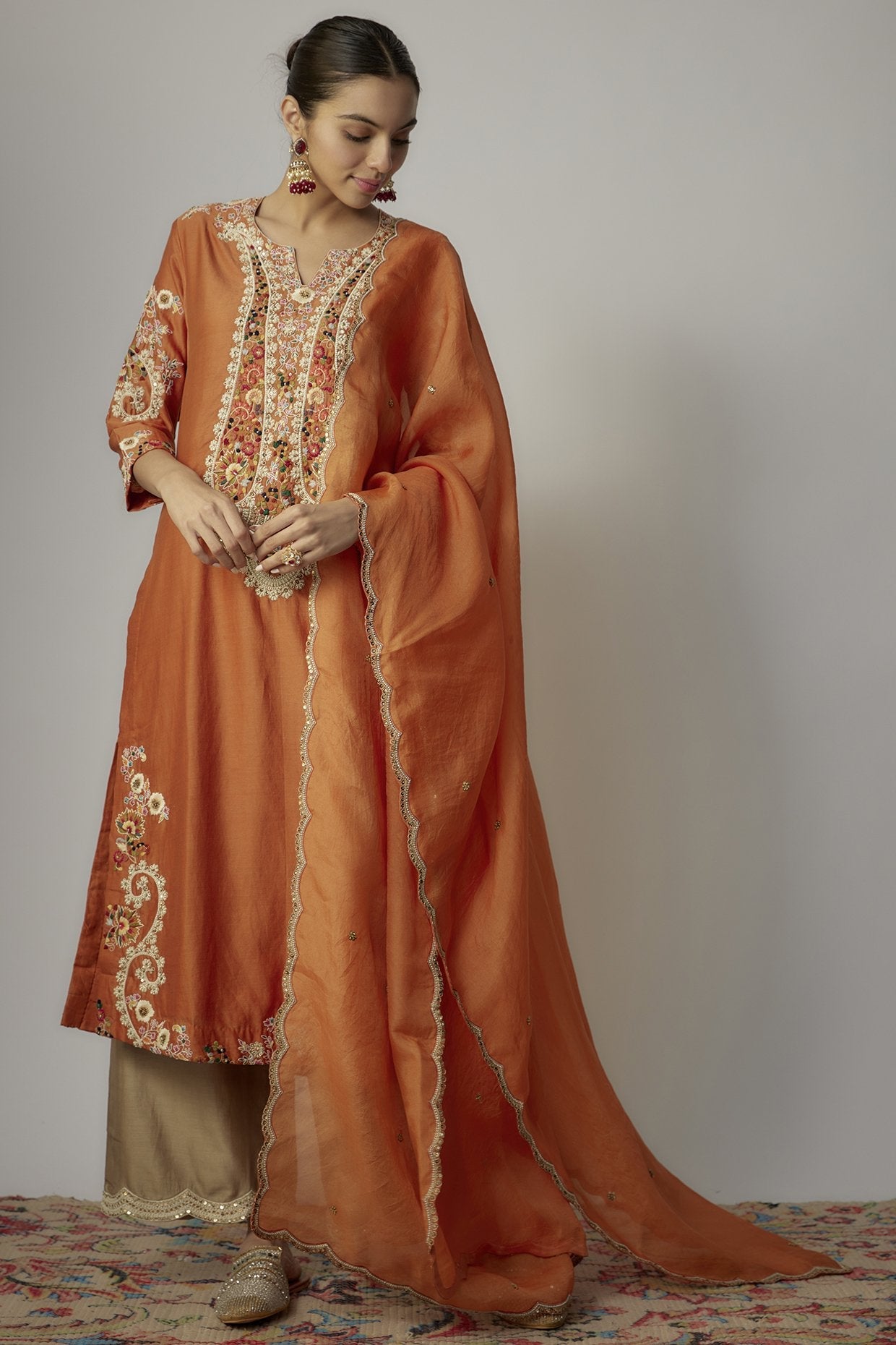 Orange Chanderi Dori Embroidered Kurta Set