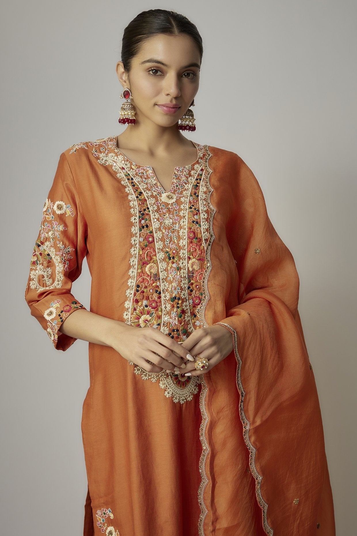Orange Chanderi Dori Embroidered Kurta Set