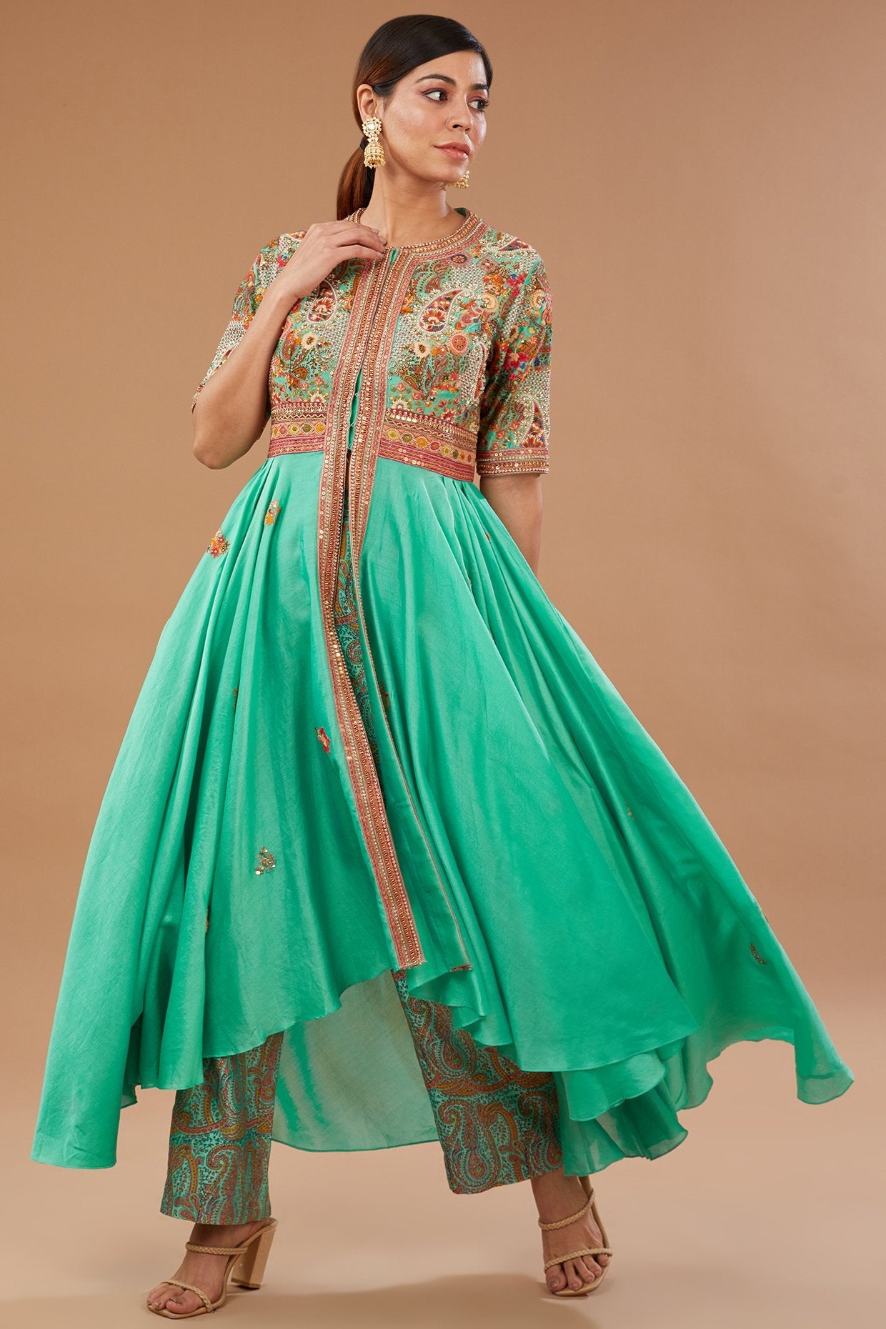 Green Chanderi Paisley Embroidered Anarkali Set