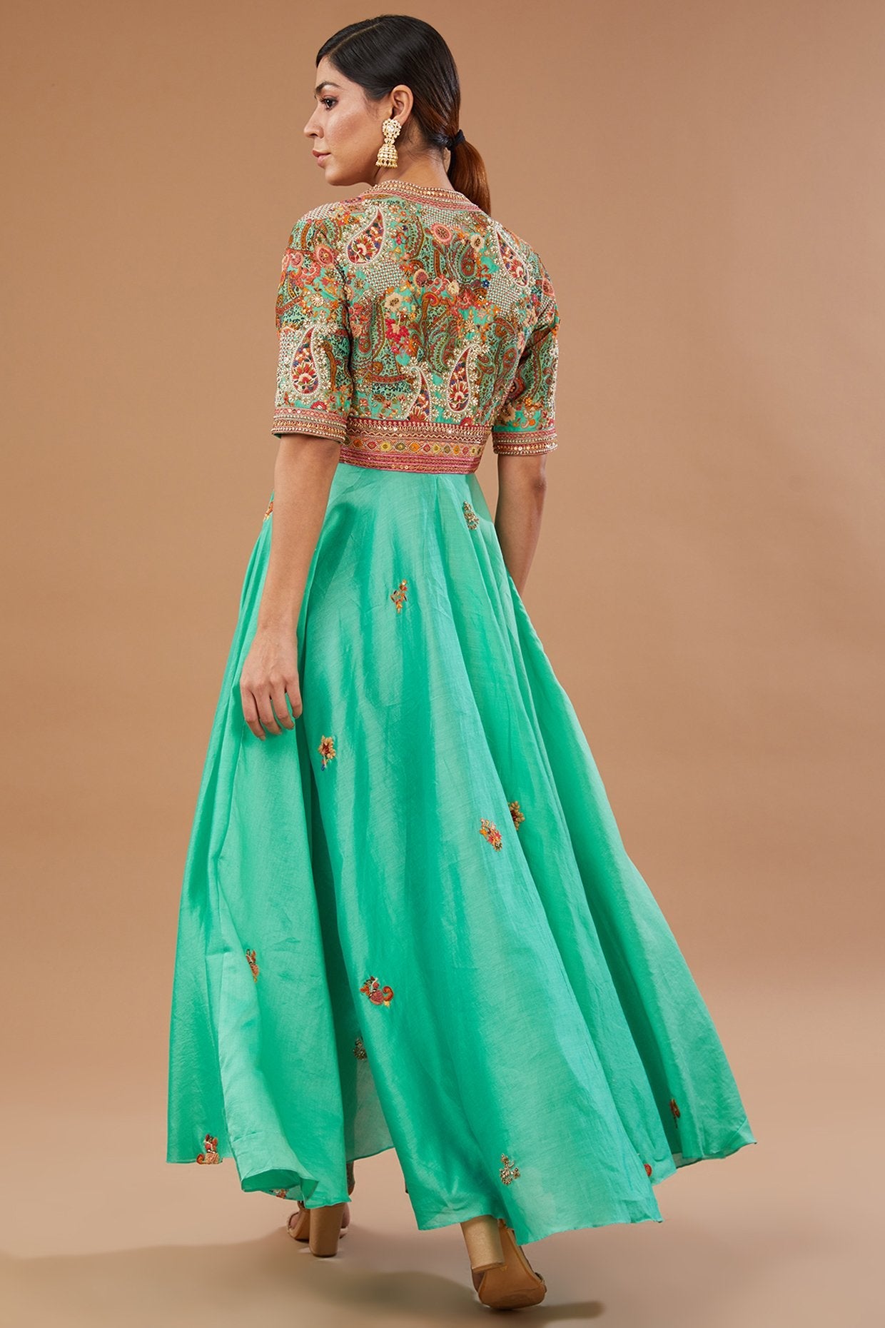 Green Chanderi Paisley Embroidered Anarkali Set