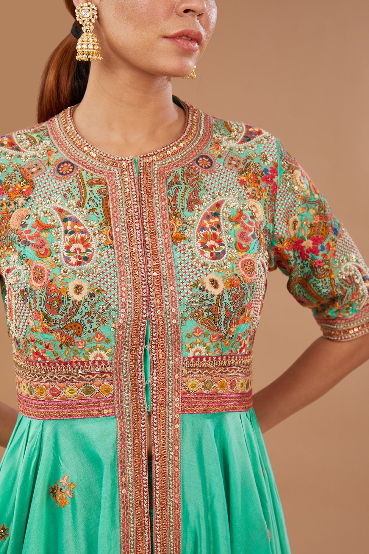 Green Chanderi Paisley Embroidered Anarkali Set