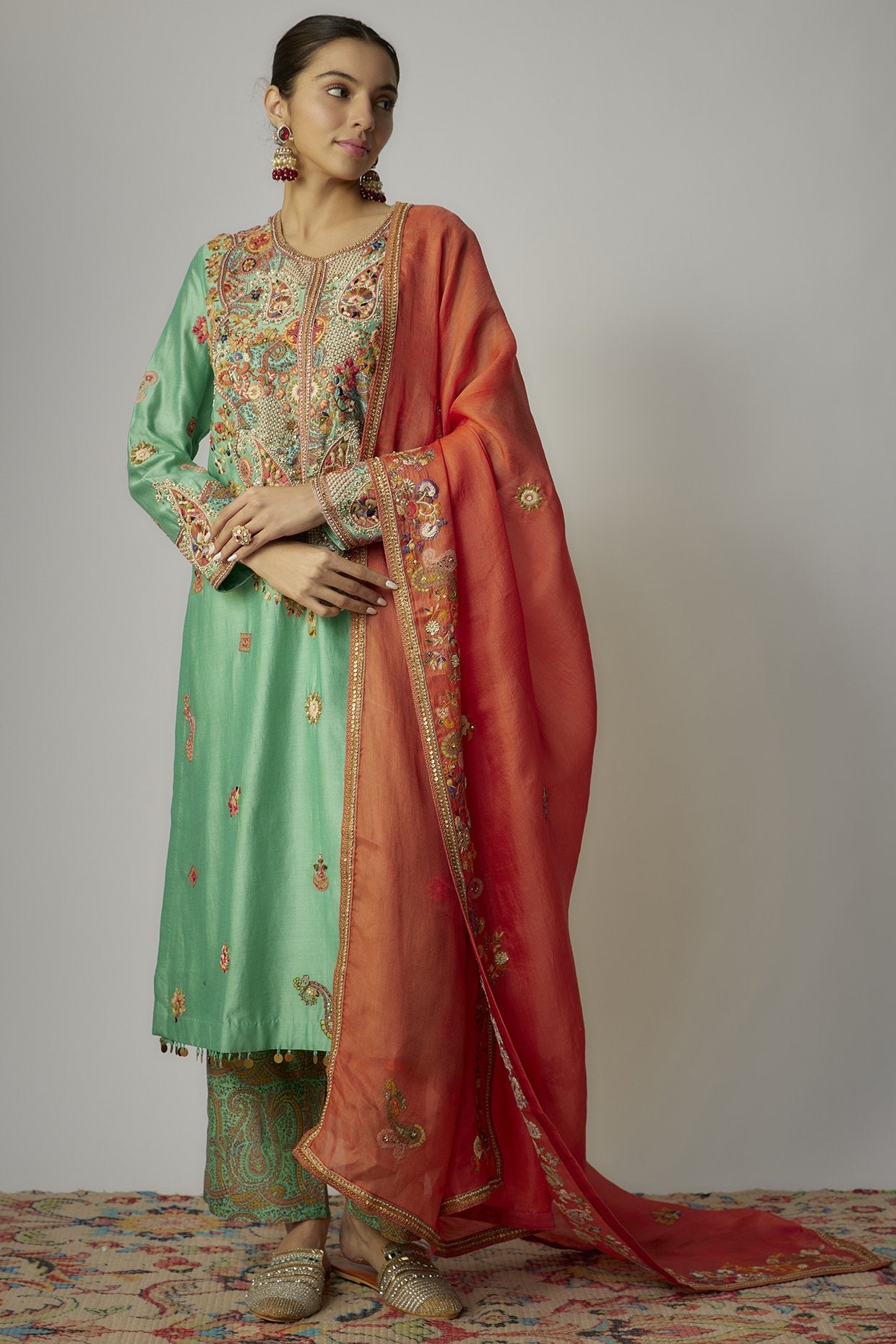 Green Chanderi Paisley Embroidered Kurta Set