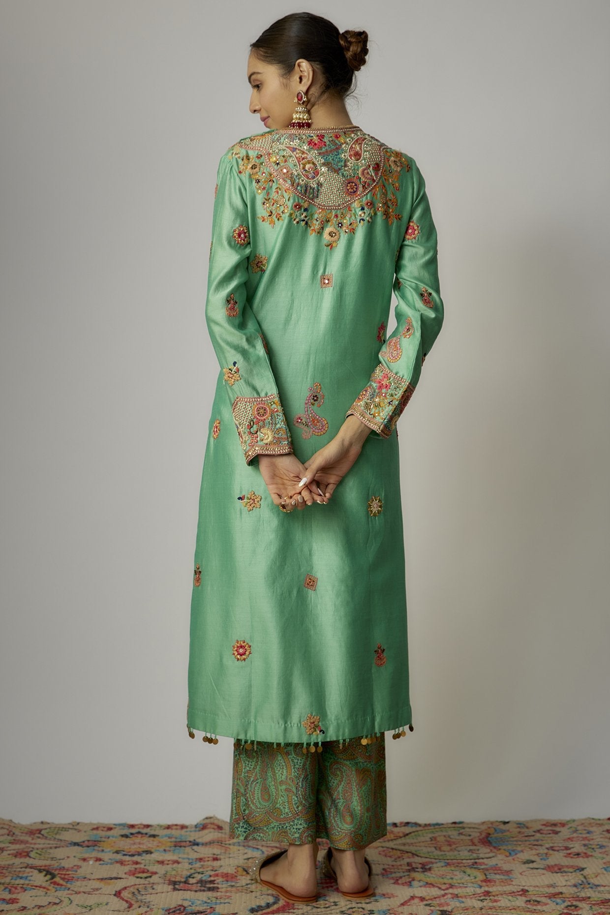 Green Chanderi Paisley Embroidered Kurta Set