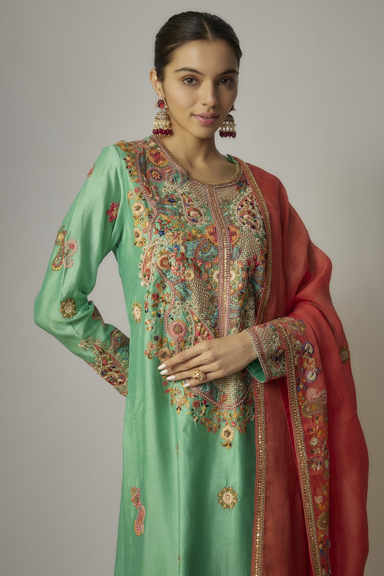 Green Chanderi Paisley Embroidered Kurta Set