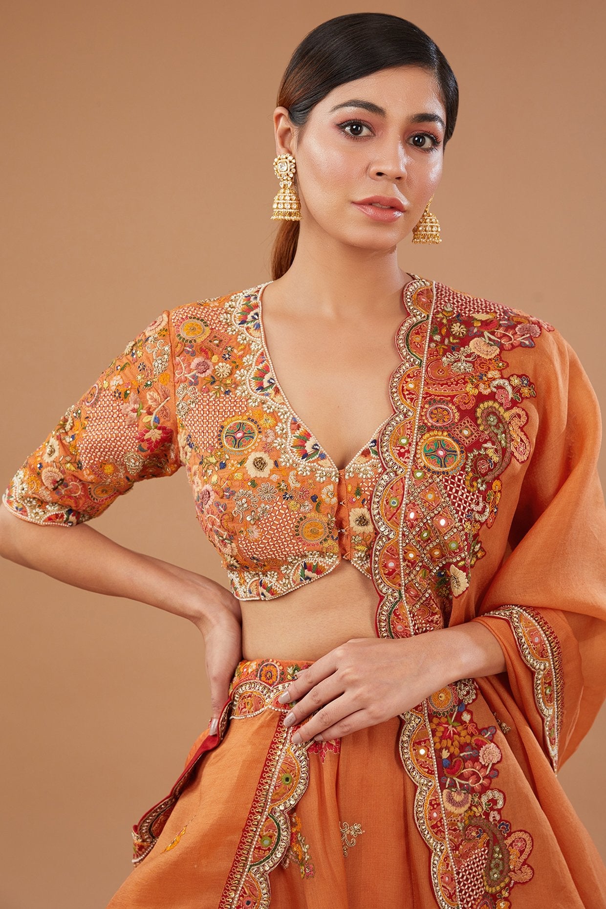 Orange Dupion Dori Embroidered Lehenga Set