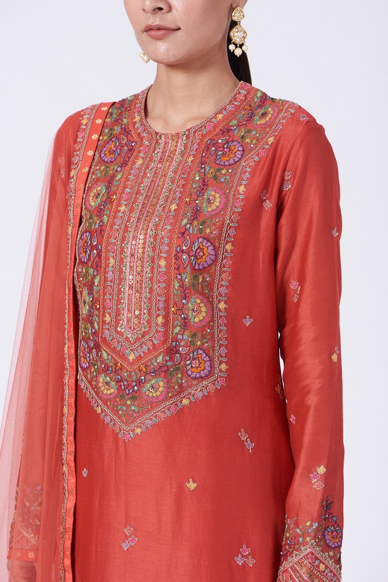 Red Embroidered Straight Kurta Set