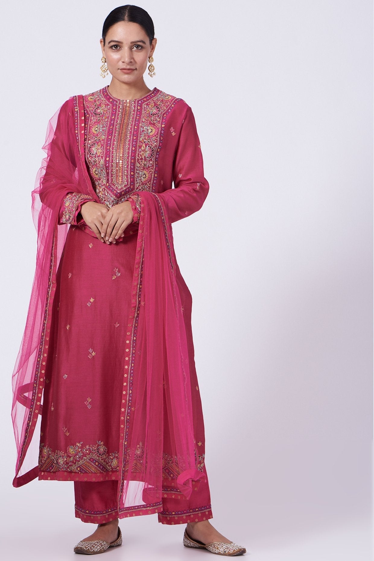 Fuchsia Embroidered Straight Kurta Set