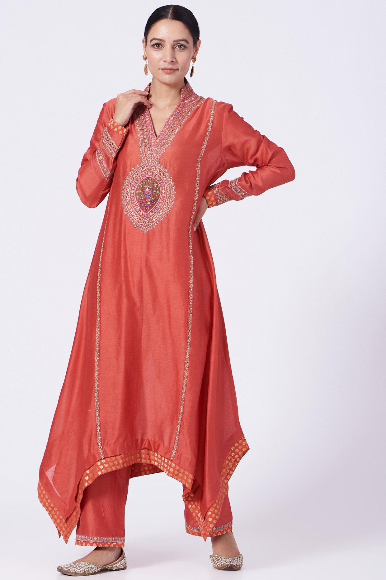 Brick Red Embroidered Straight Kurta Set