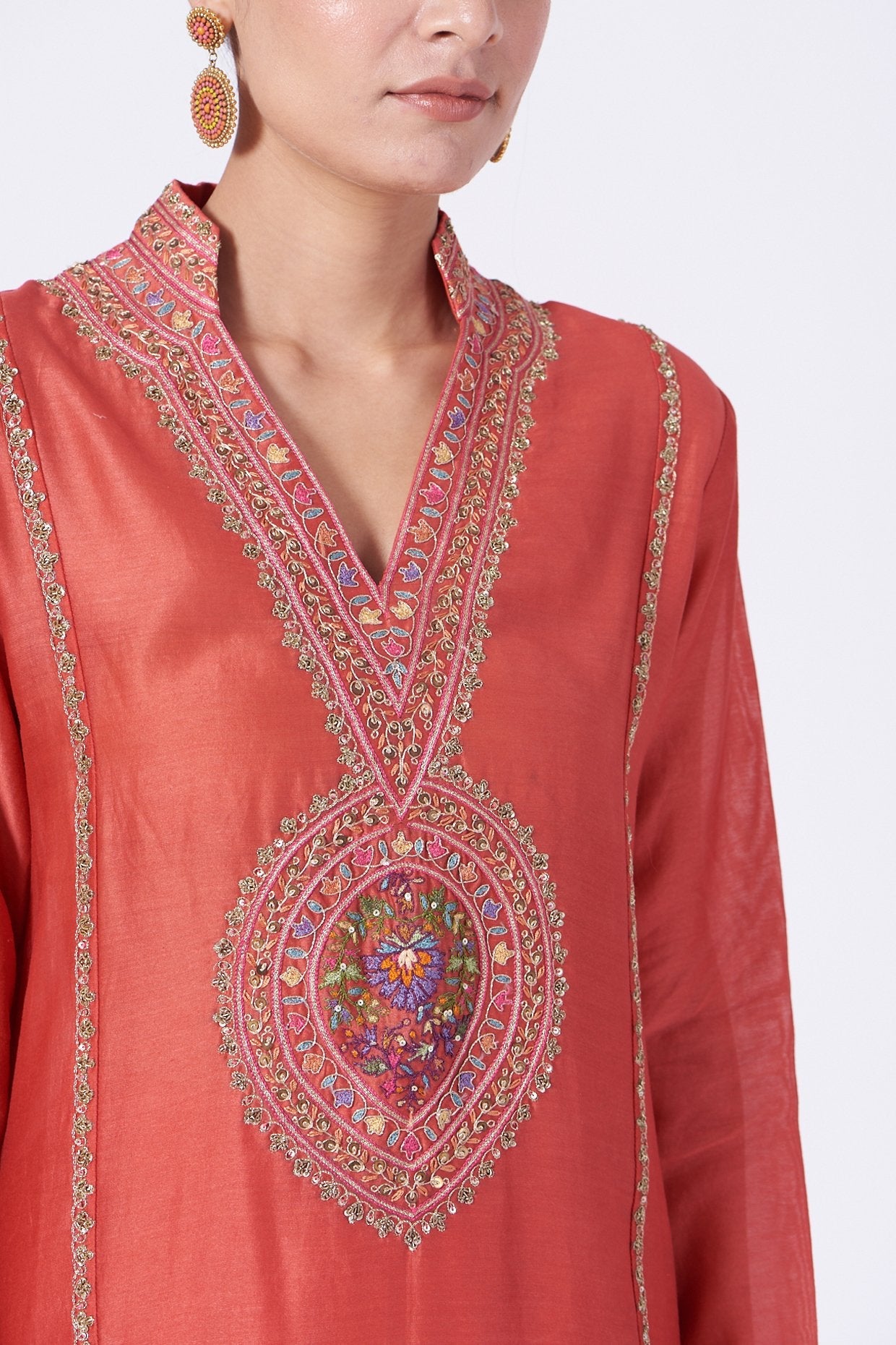 Brick Red Embroidered Straight Kurta Set