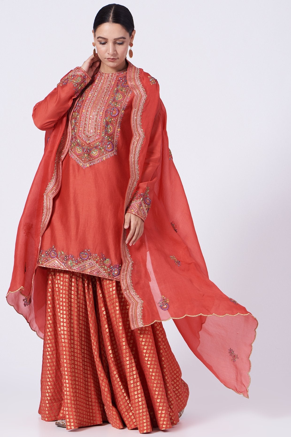 Brick Red Chanderi Sharara Set