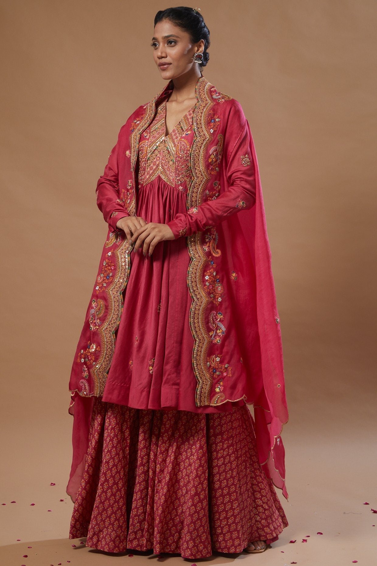 Heart Shape Gather Kurta With Sharara And Cape