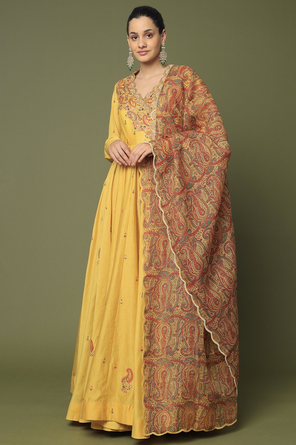 Yellow Embroidered Kalidar Anarkali Set
