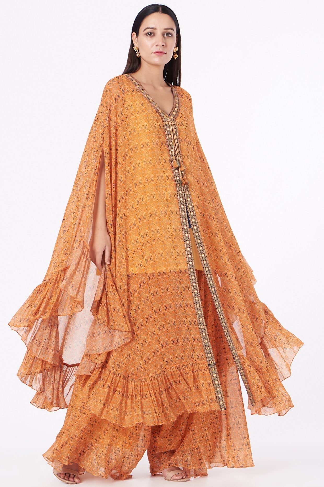 Orange Embroidered Kaftan Kurta Set