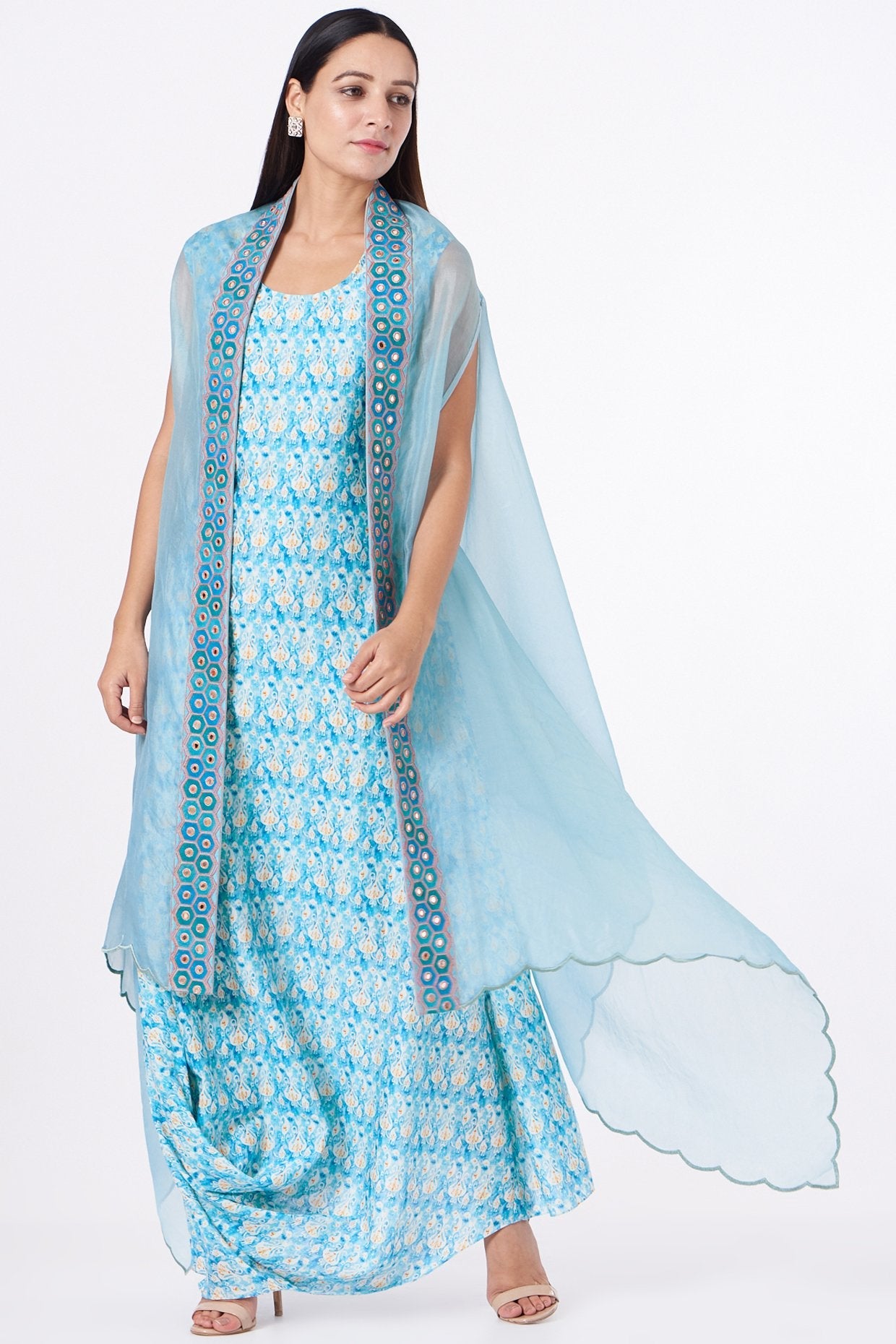 Sky Blue Kaftan Kurta With Embroidered Cape
