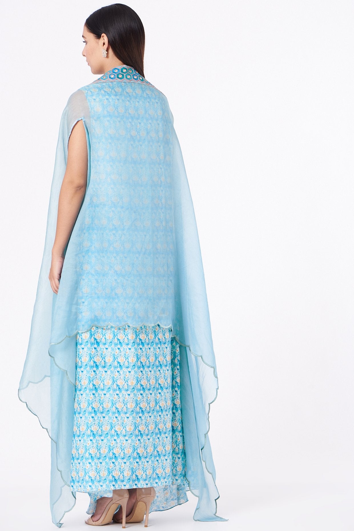 Sky Blue Kaftan Kurta With Embroidered Cape