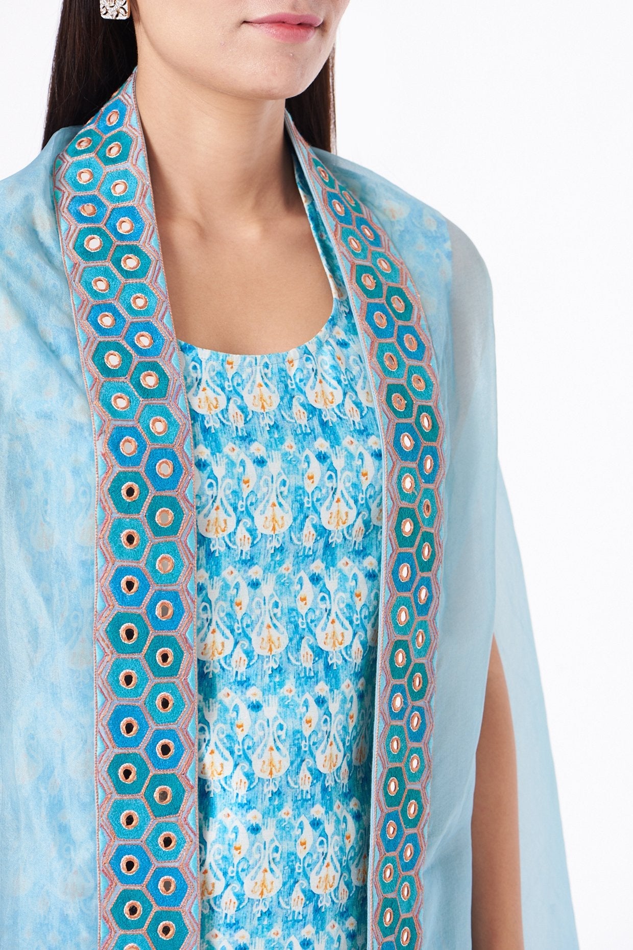 Sky Blue Kaftan Kurta With Embroidered Cape