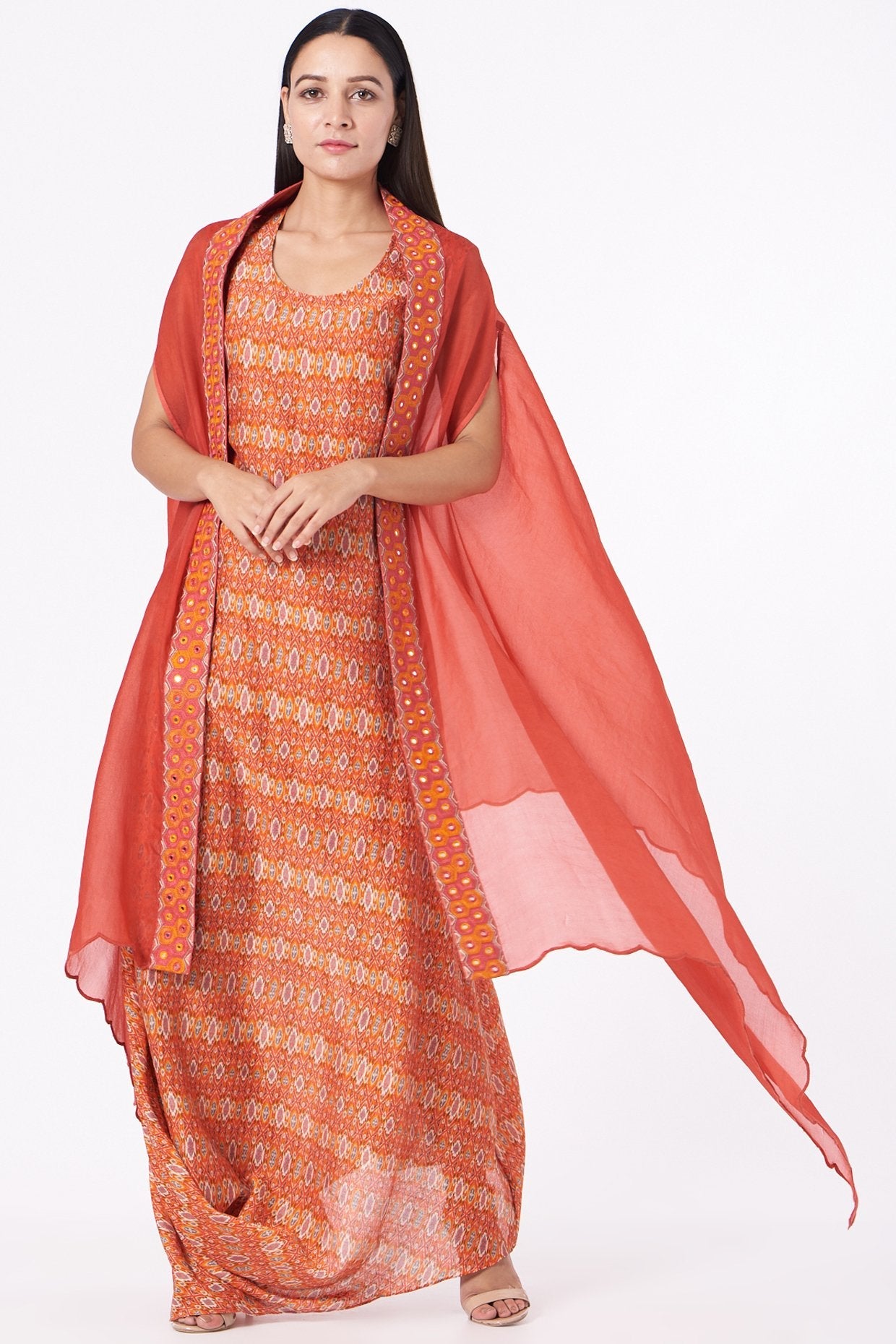 Red Kaftan Kurta With Embroidered Cape