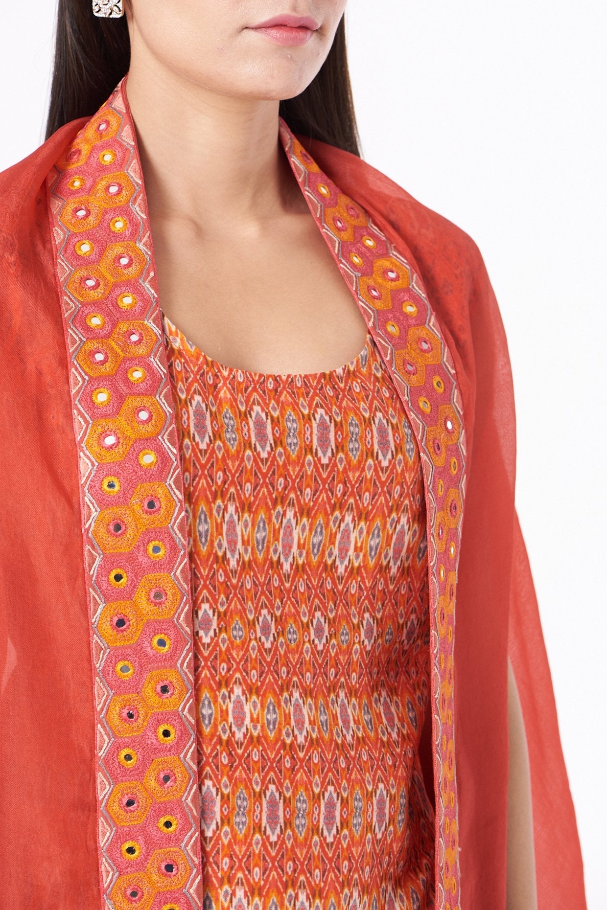Red Kaftan Kurta With Embroidered Cape