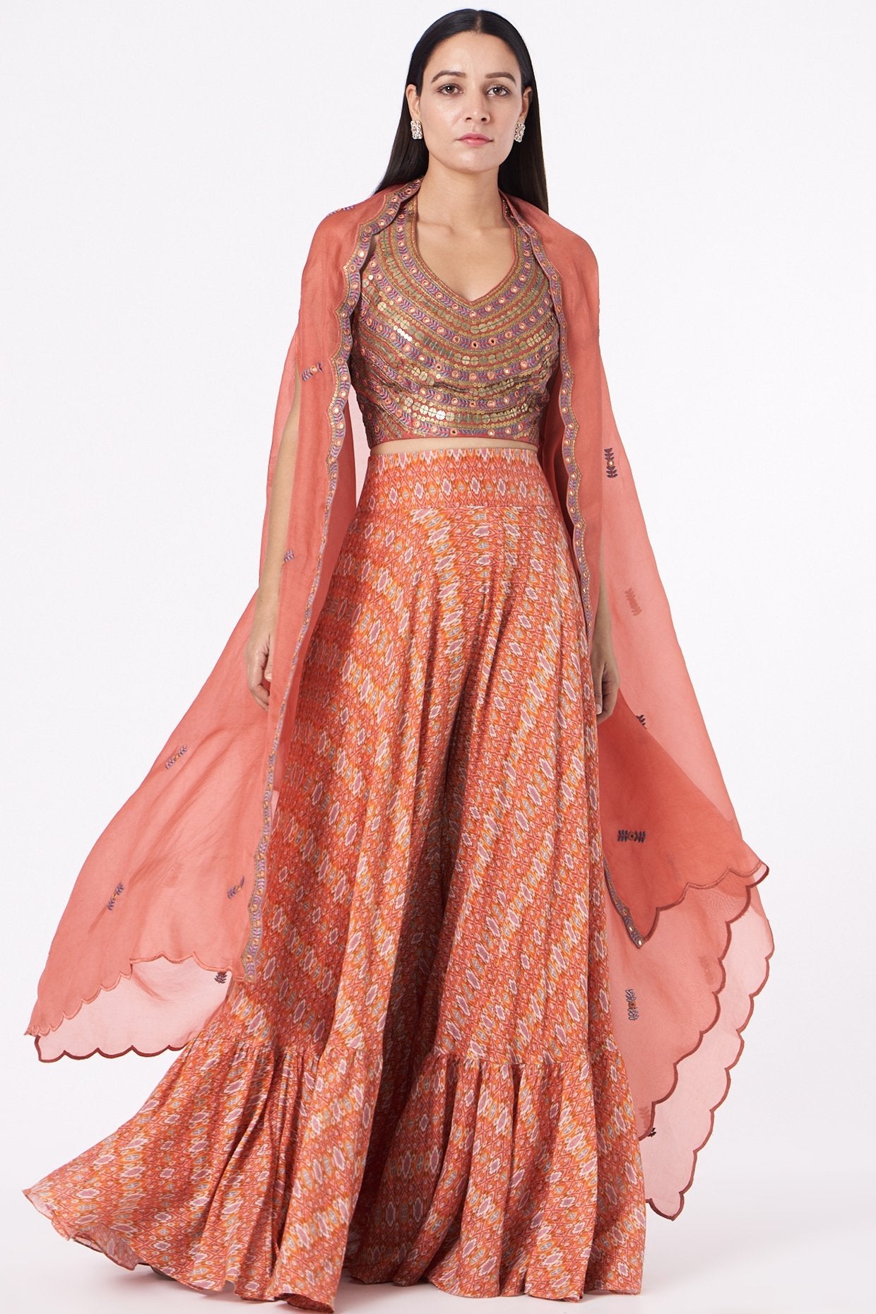 Red Embroidered Cape Set