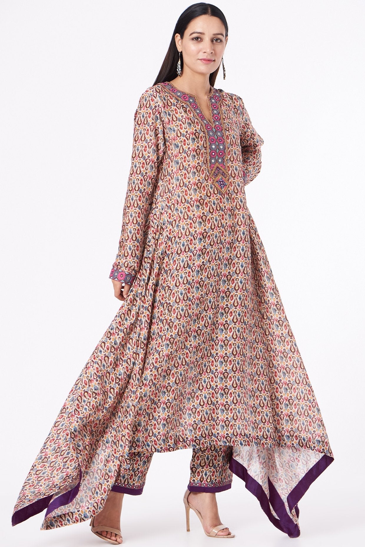 Purple Embroidered A-Line Kurta Set