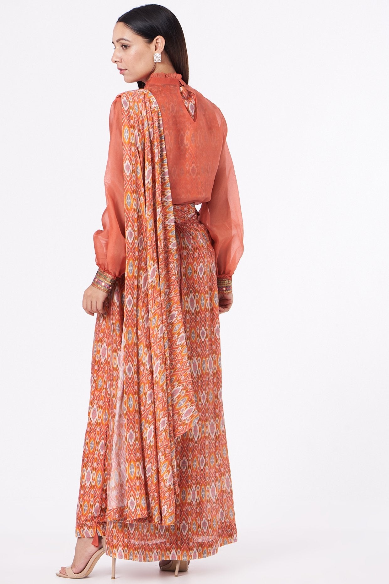 Orange Embroidered Draped Saree Set