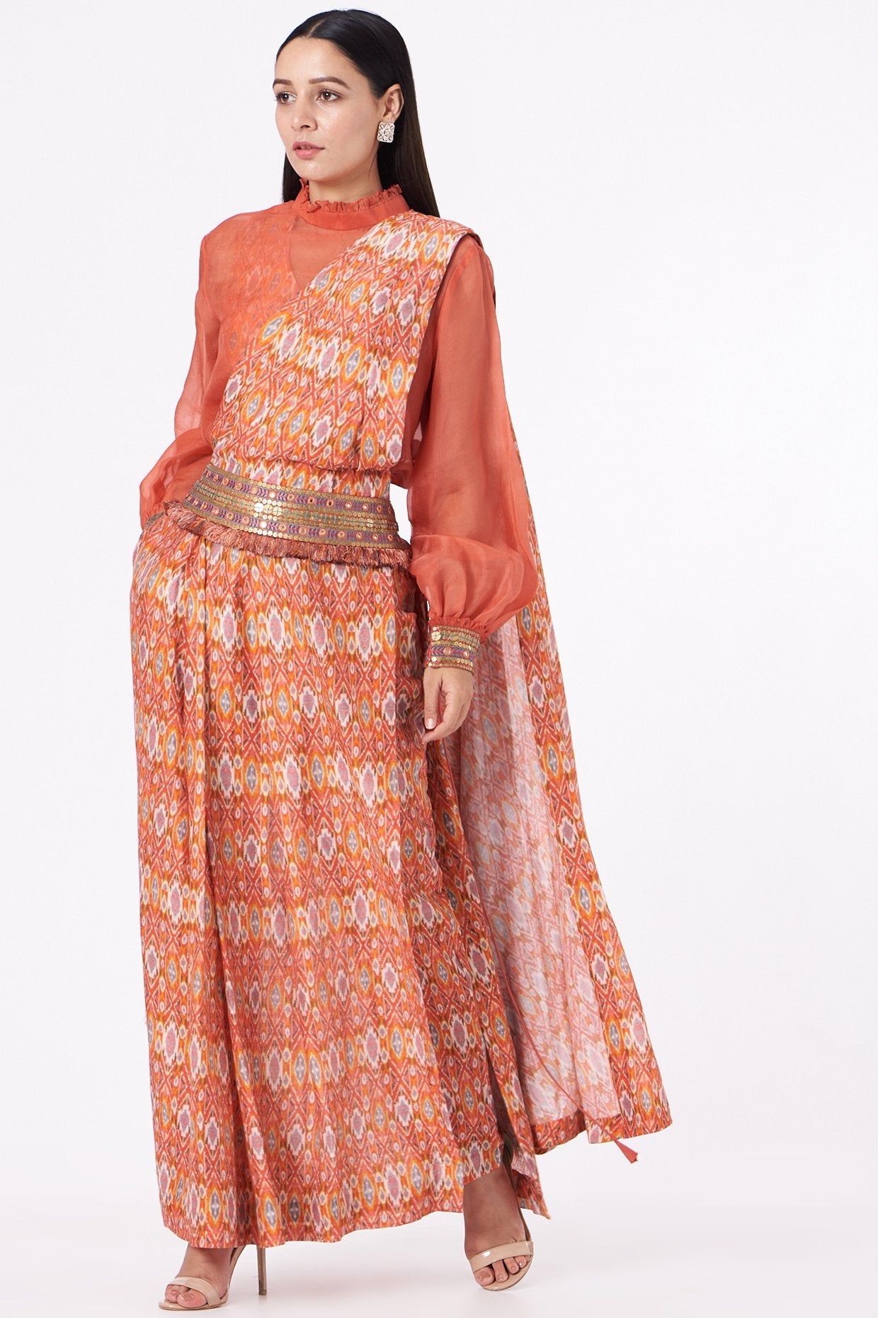 Orange Embroidered Draped Saree Set