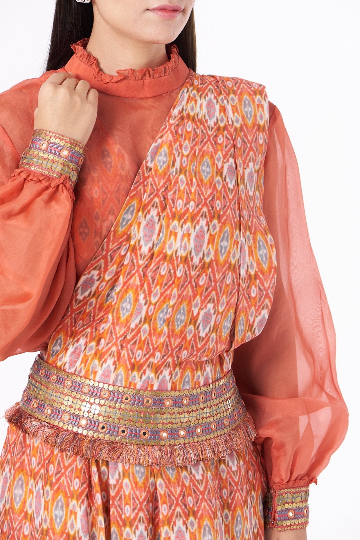 Orange Embroidered Draped Saree Set