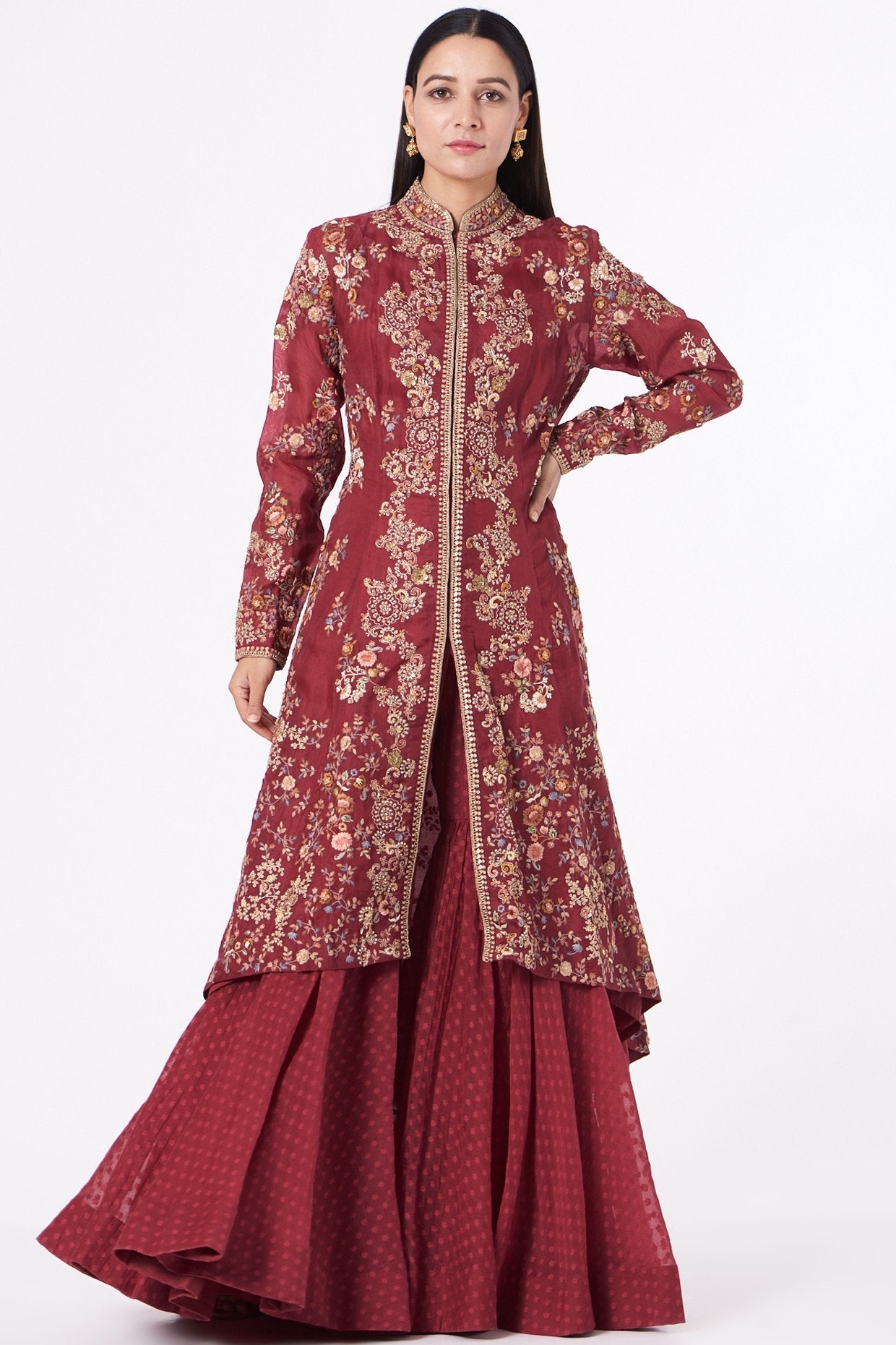 Red Hand Embroidered Jacket Set