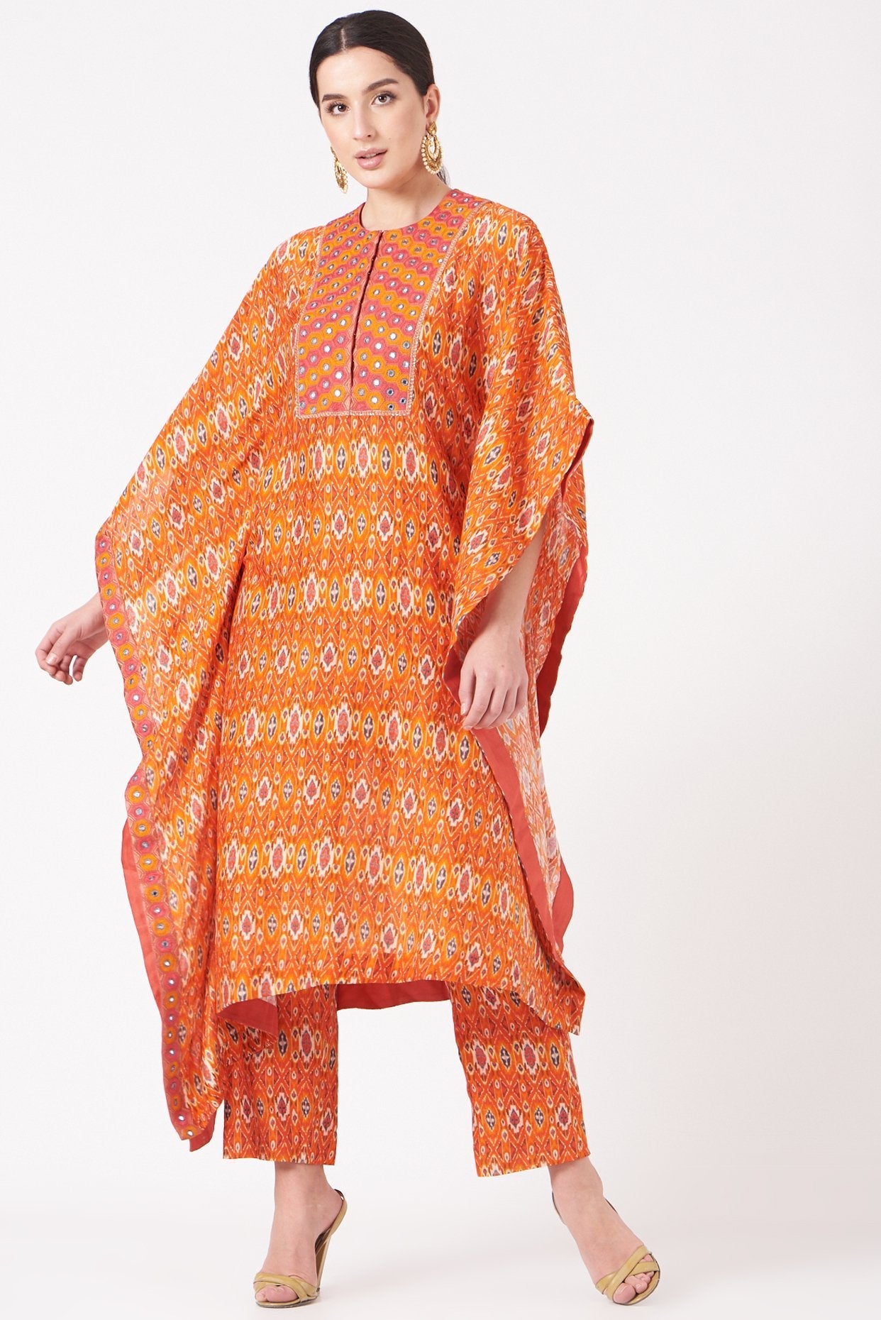 Orange Embroidered Ikat Kaftan Kurta Set