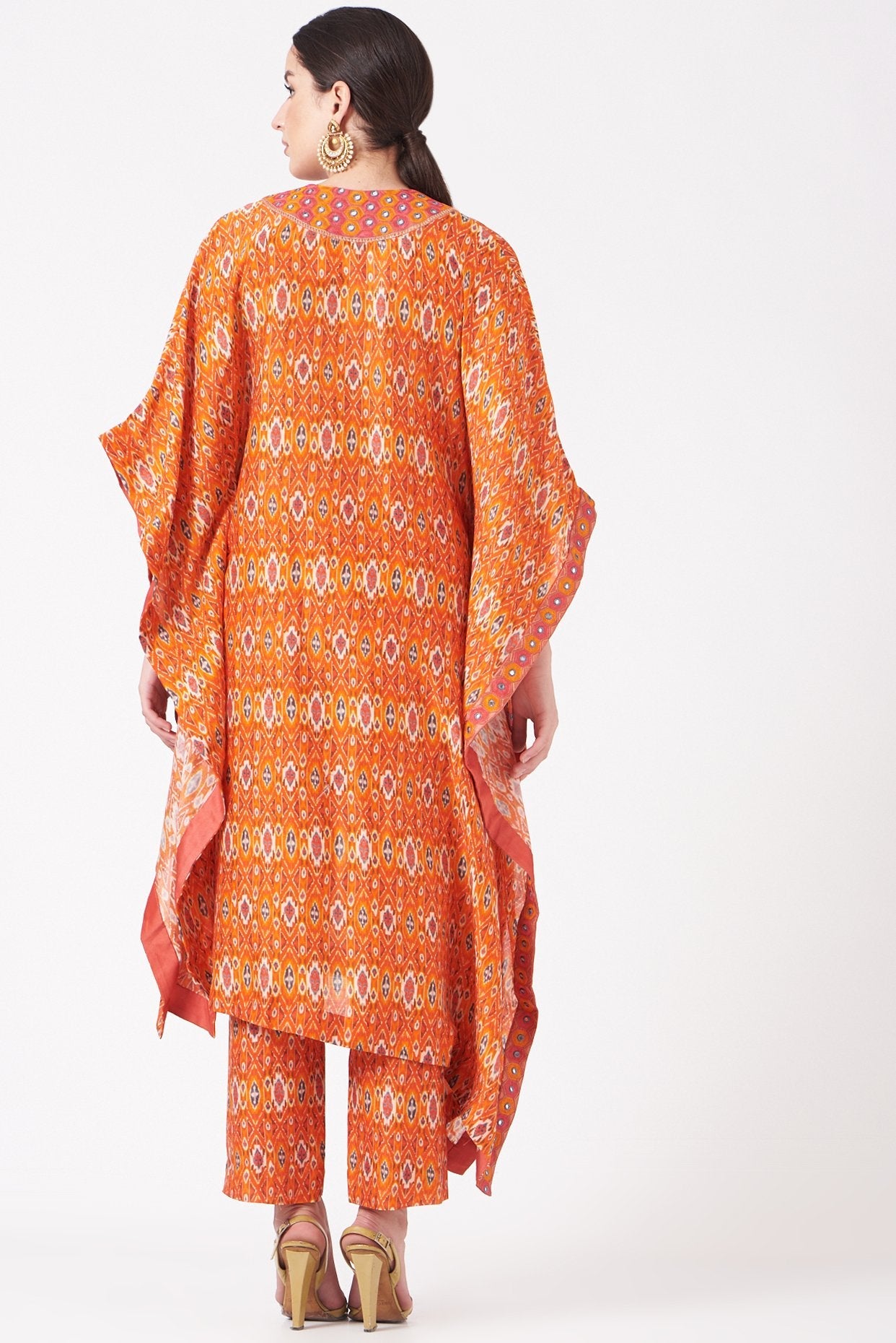 Orange Embroidered Ikat Kaftan Kurta Set