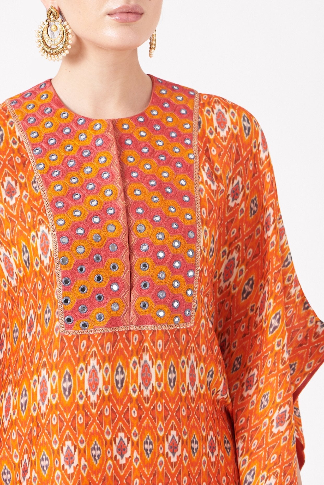 Orange Embroidered Ikat Kaftan Kurta Set