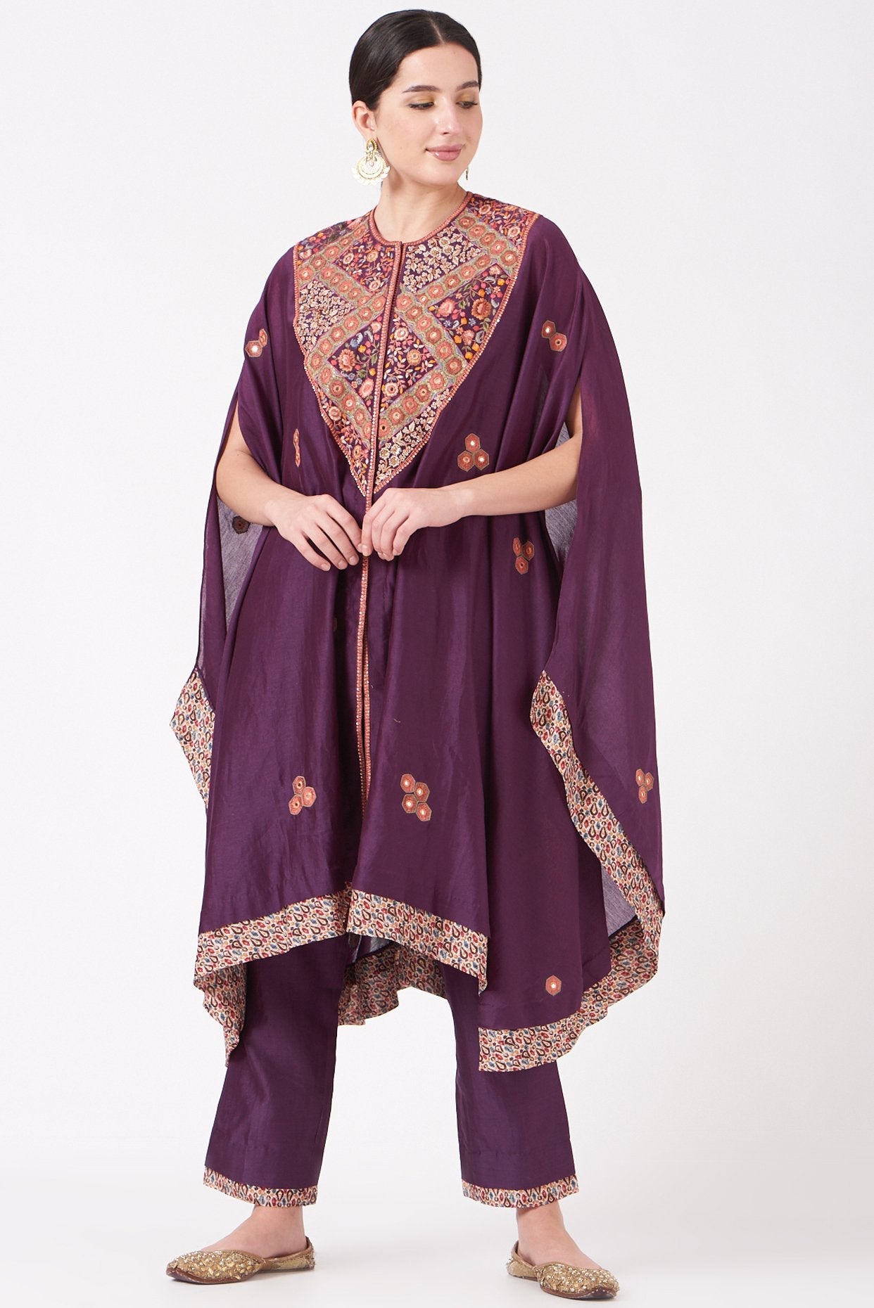 Purple Mirror Embroidered Kaftan Kurta Set