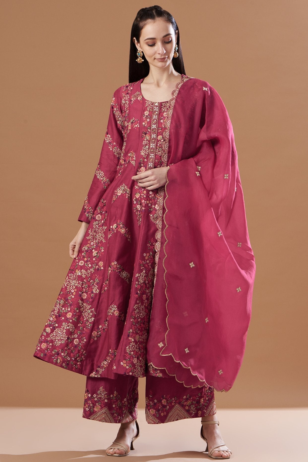 Red Embroidered Kalidar Kurta Set
