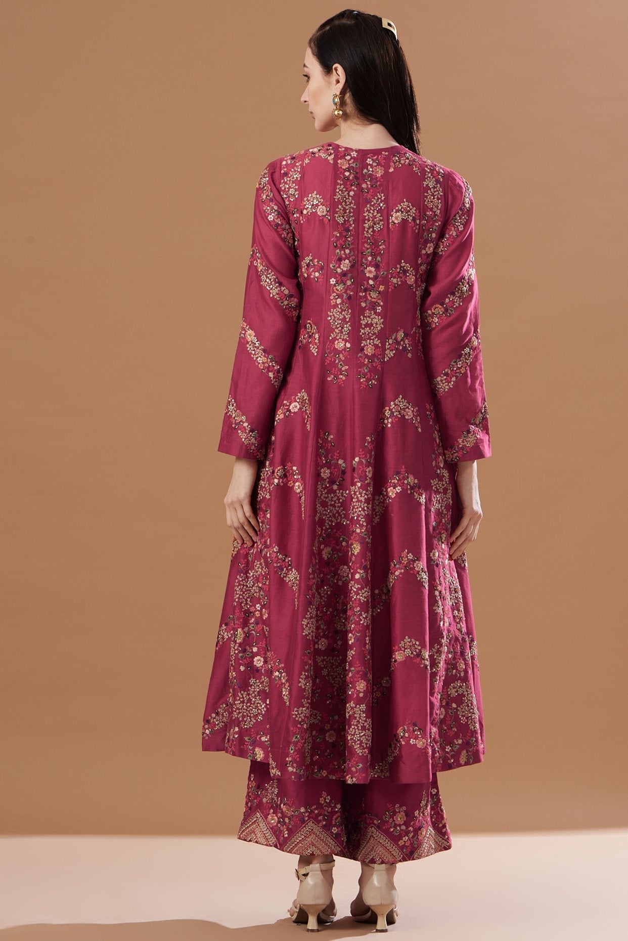 Red Embroidered Kalidar Kurta Set