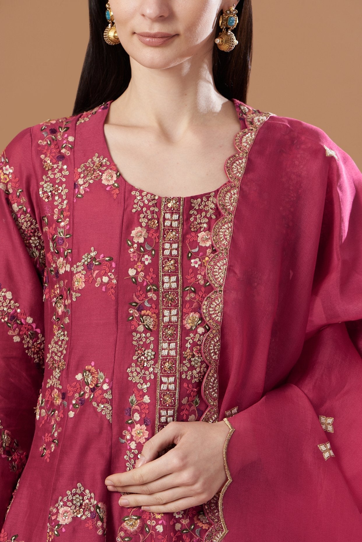 Red Embroidered Kalidar Kurta Set