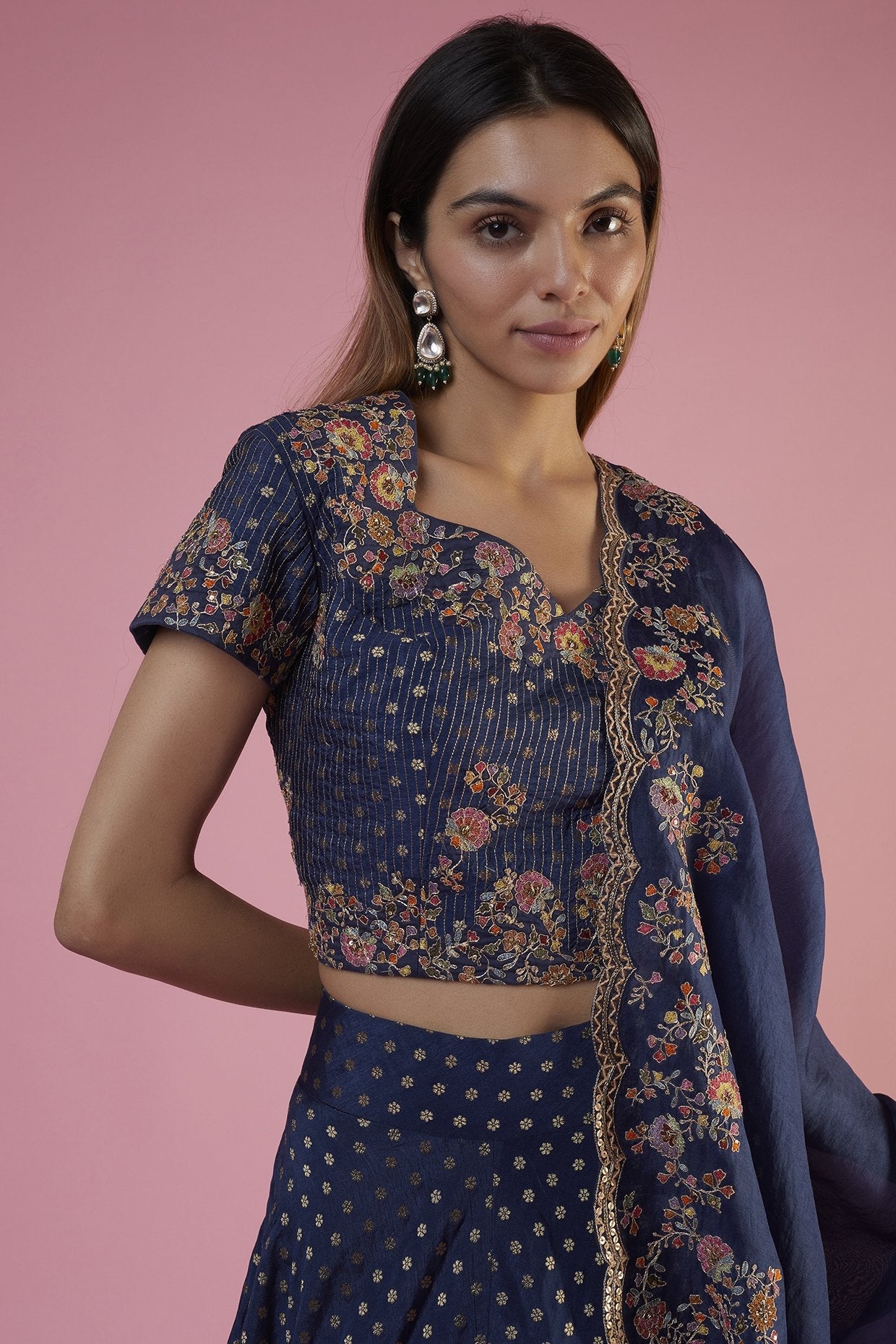 Blue Brocade Embroidered Lehenga Set