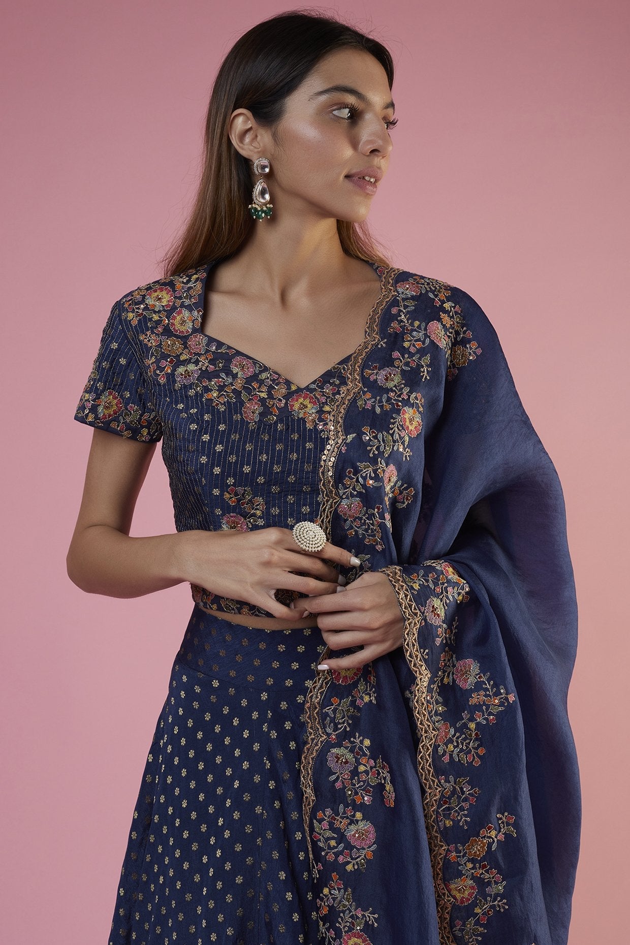 Blue Brocade Embroidered Lehenga Set