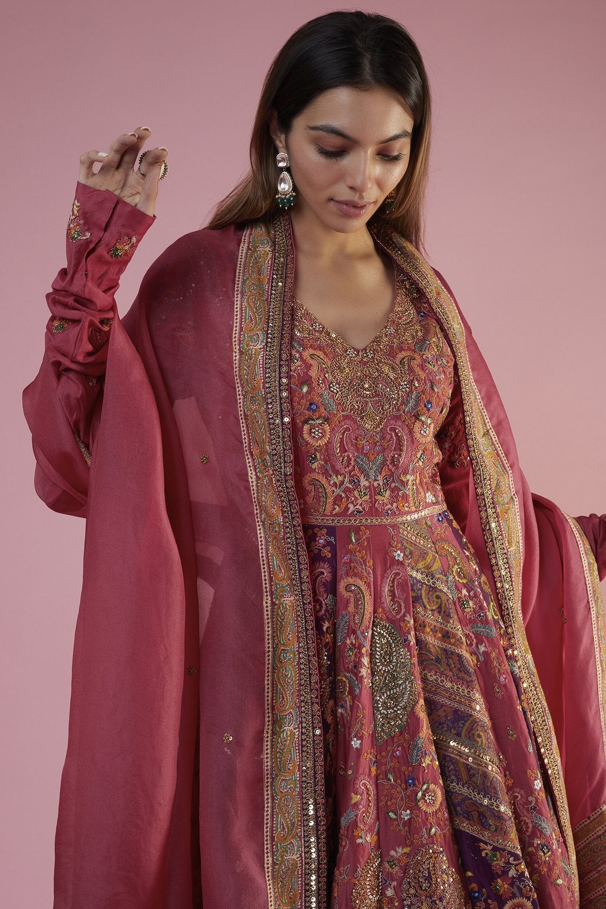 Pink & Purple Chanderi Embroidered Anarkali Set