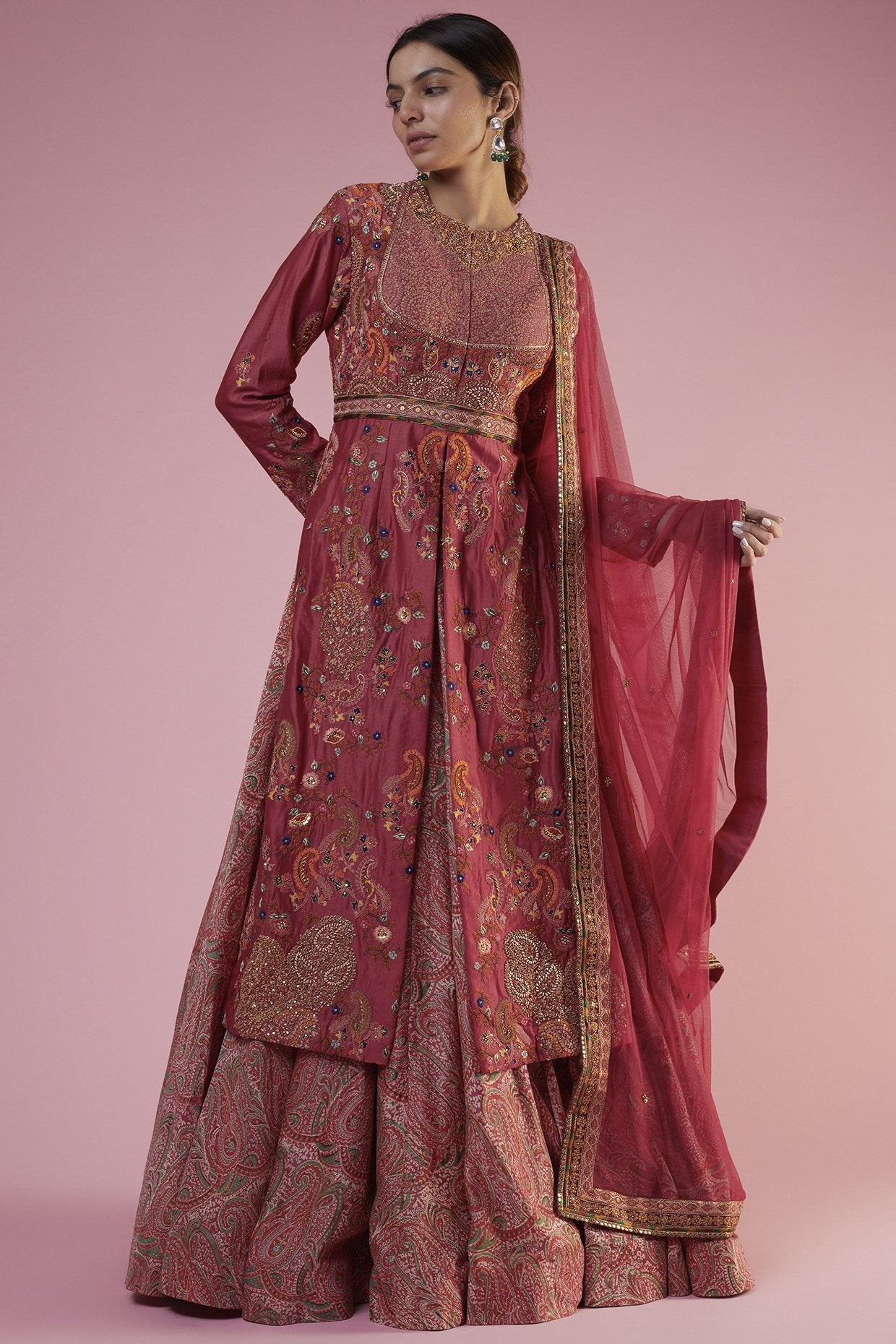 Pink Chanderi Printed Jacket Lehenga Set