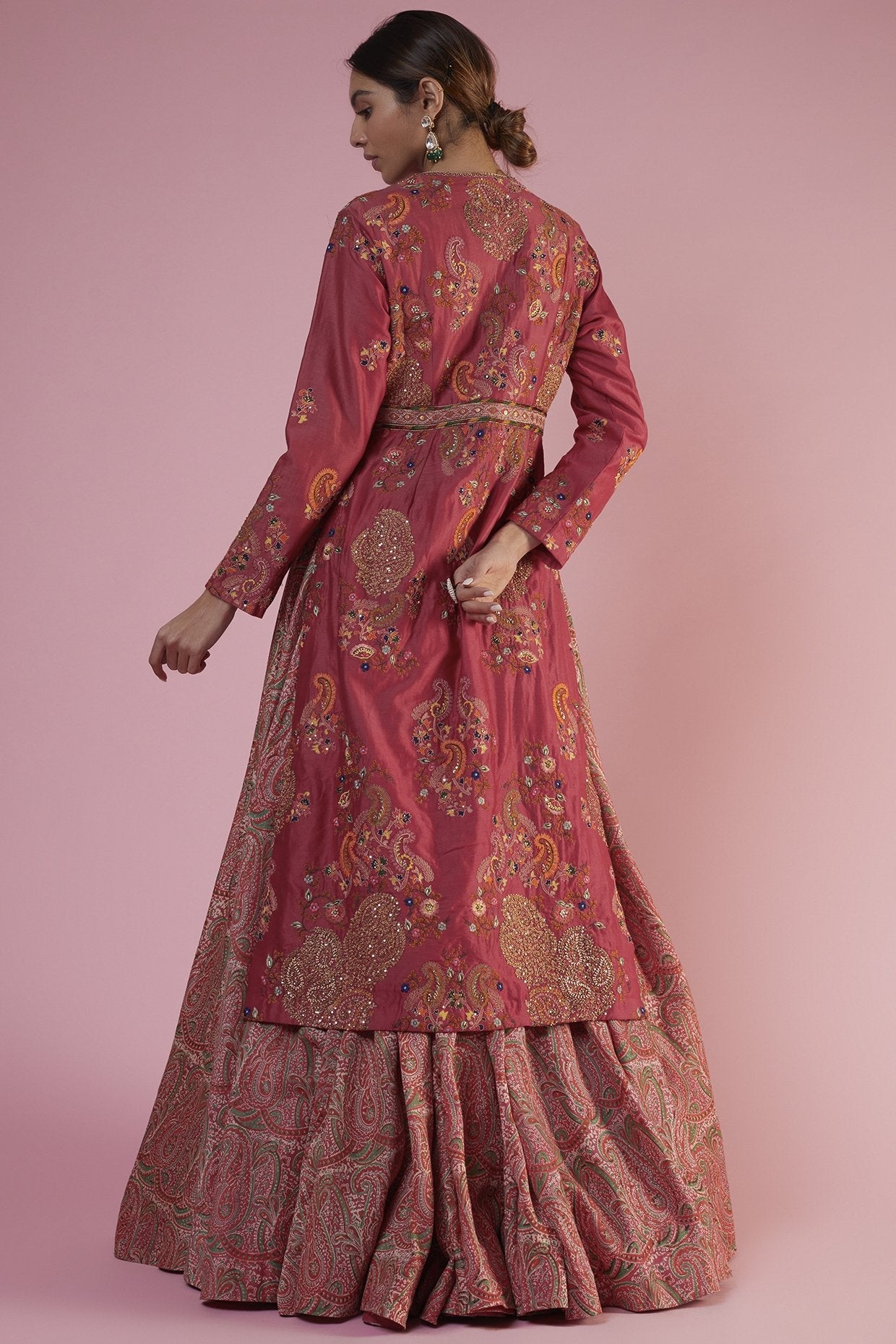 Pink Chanderi Printed Jacket Lehenga Set