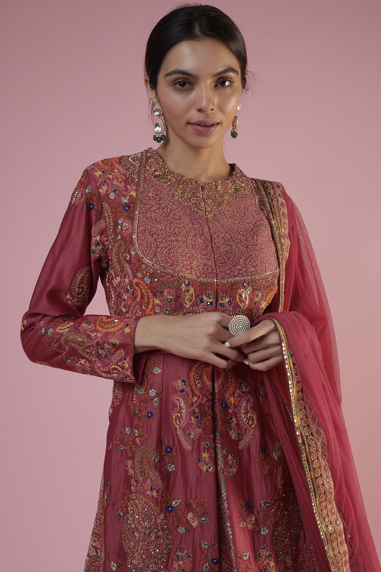 Pink Chanderi Printed Jacket Lehenga Set