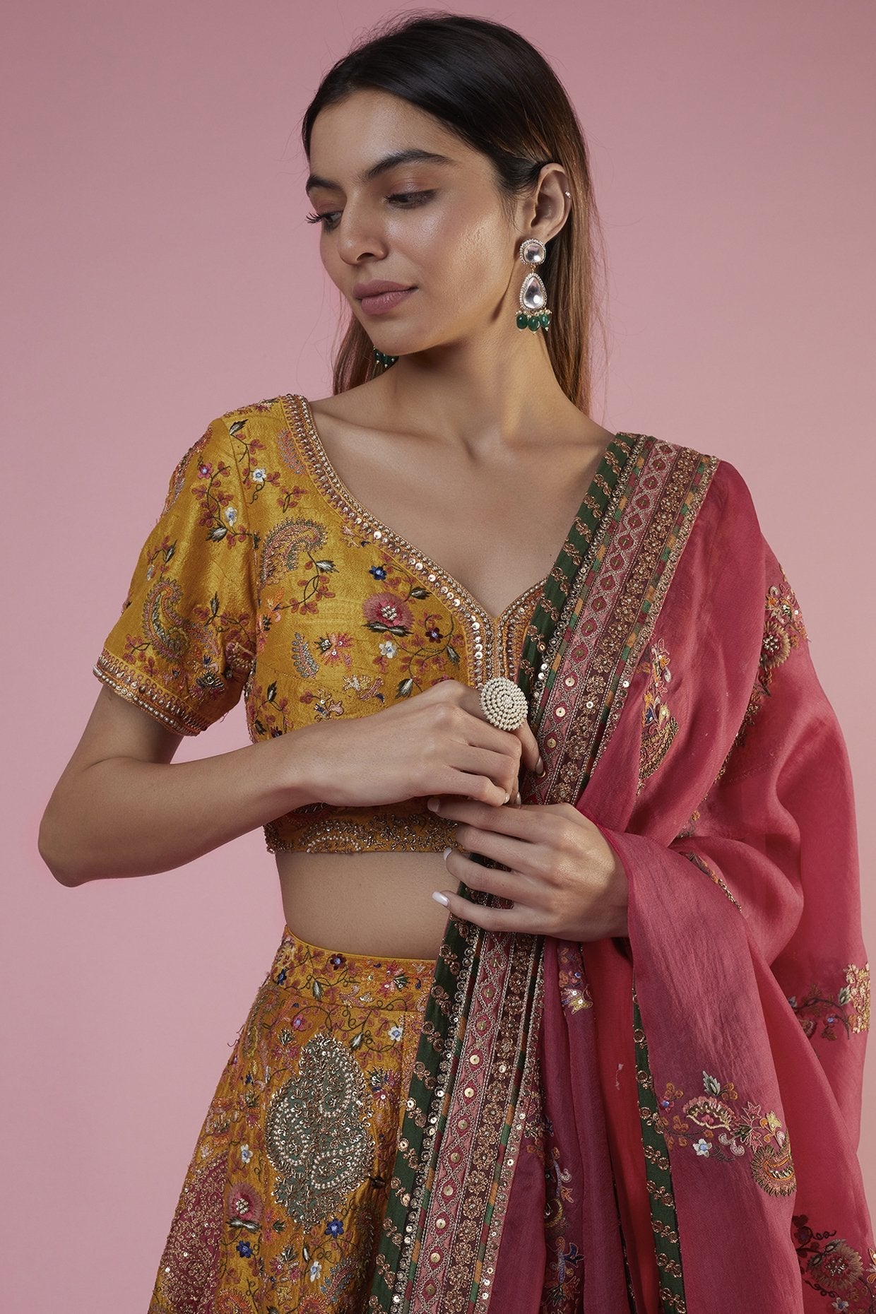 Yellow Dupion Embroidered Lehenga Set